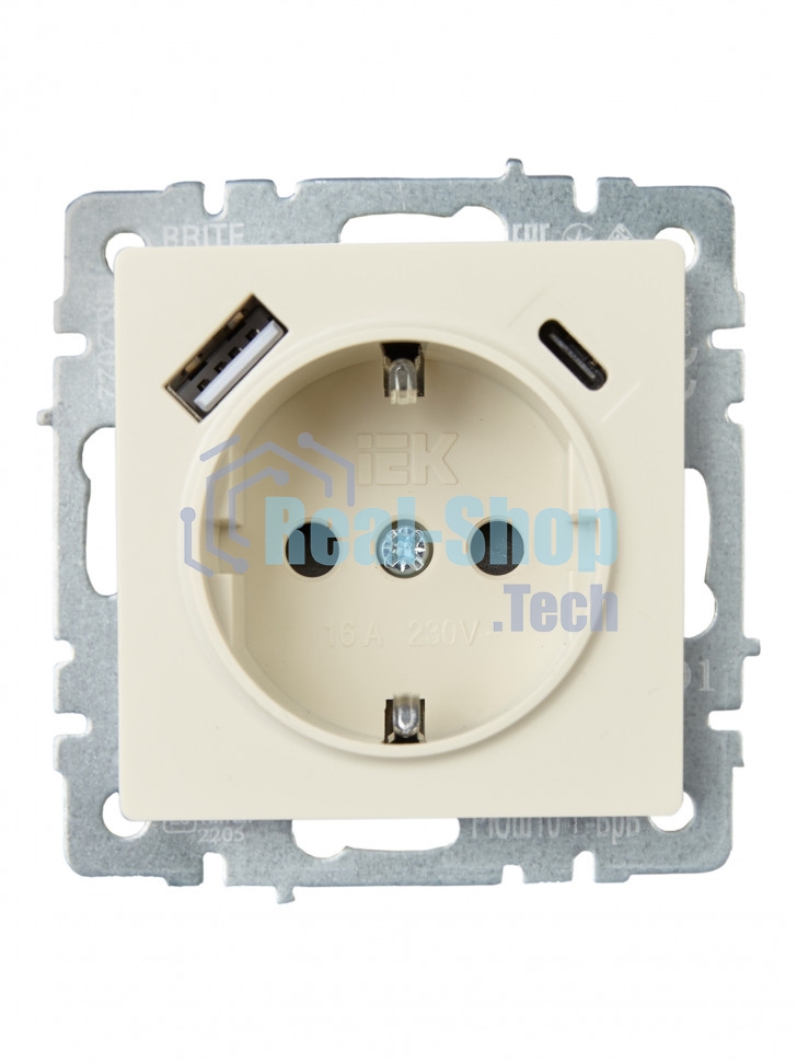 Розетка 1-местная IEK BRITE РЮш11-1-БрКр (BR-R14-16-U22-018-K10) с заземлением, с защитными шторками, 16А, с USB A+C 18 Вт, бежевый