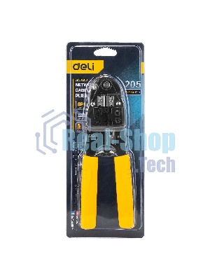 Обжимные клещи Deli DL381008 RJ45 Размер: 205мм. Спецификация обжима: 8P. Холоднокатаный стальной лист с черной отделкой, ручка из ПВХ. Лезвие SK5. Инструмент для зачистки проводов, кусачки и обжимной инструмент 3-в-1.
