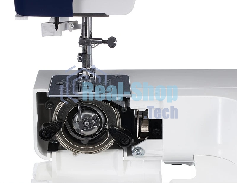Швейная машина Janome SP901 белый/синий, электромеханическая, вертикальный качающийся, 15 операций, петля полуавтомат