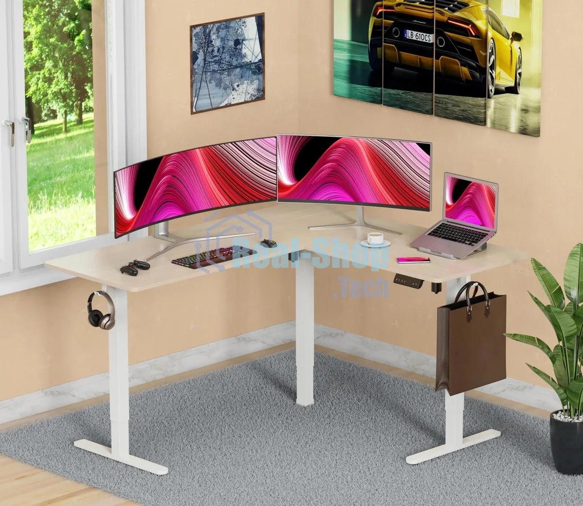 Стол компьютерный Cactus угловой подъемный столешница МДФ, белый дуб каркас белый 140x72x60 см (CS-EDXL-WWD)