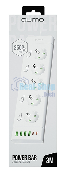 Сетевой фильтр QUMO Power Bar Light SPFSU2 (P-0009), 5 розеток, 2500 Вт, 10A, каб.3 м 3x1 мм медь, 4U+2C (2,4A),Wt