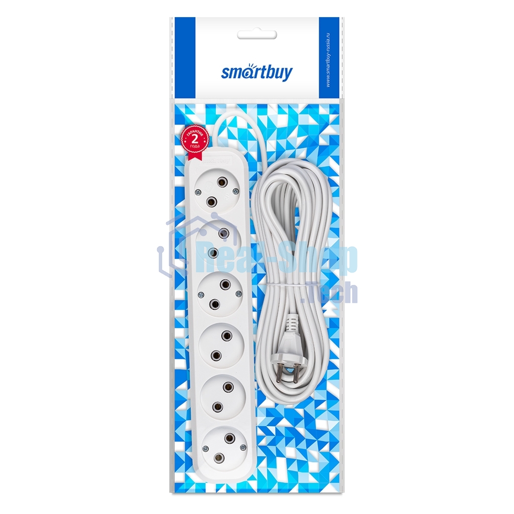 Удлинитель Smartbuy, 6 гнезд 10 метров 10А/2,2 кВт без заземления ПВС 2х1,0 (SBE-10-6-10-N)