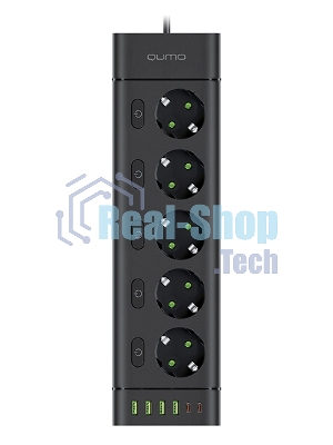 Сетевой фильтр QUMO Power Bar Light SPFSU2 (P-0009), 5 розеток, 2500 Вт, 10A, каб.3м 3*1 мм медь, 4U+2C (2,4A),Bl