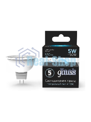 Лампа светодиодная диммируемая Gauss MR16 5Вт 4100К белый GU5.3 530лм 180-265В