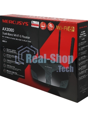 Двухдиапазонный роутер MERCUSYS MR80X AX3000 Wi-Fi 6, до 574 Мбит/с на 2,4 ГГц + до 2402 Мбит/с на 5 ГГц,4 фиксированные внешние антенны, 3 гигабитных порта LAN, 1 гигабитный порт WAN