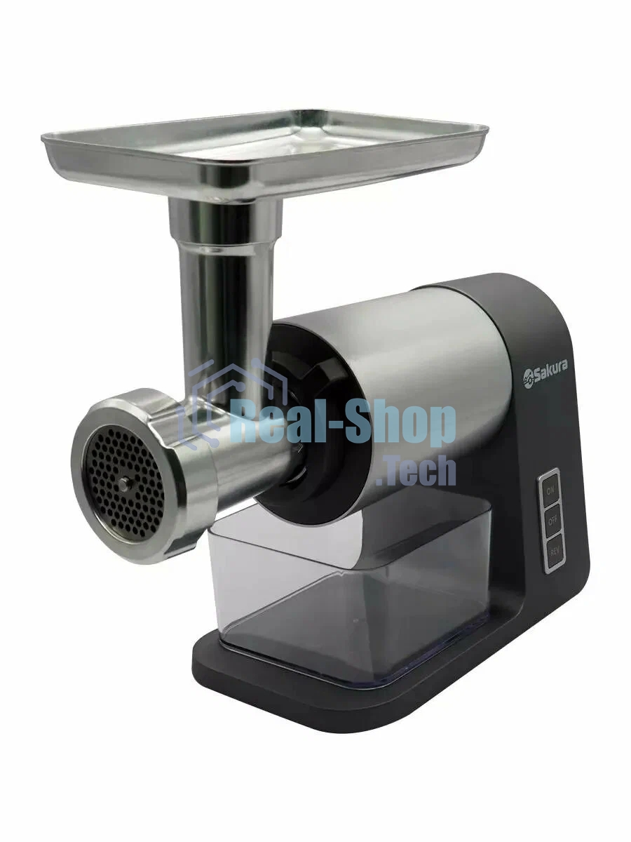 Мясорубка электрическая Sakura SA-6425G Premium серый, 2400 Вт, 2.5 кг/мин, реверс, защита от перегрузки, металлический лоток, насадки - 5
