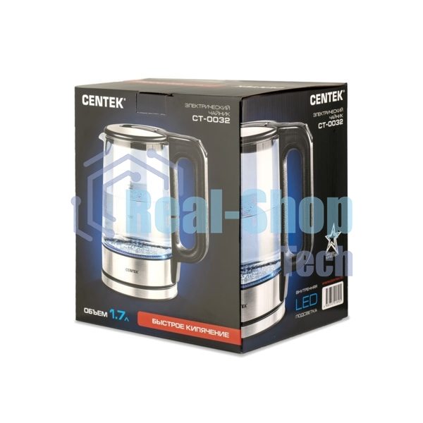 Электрочайник Centek CT-0032 прозрачный, 1.7 л, 2200 Вт, скрытый нагревательный элемент