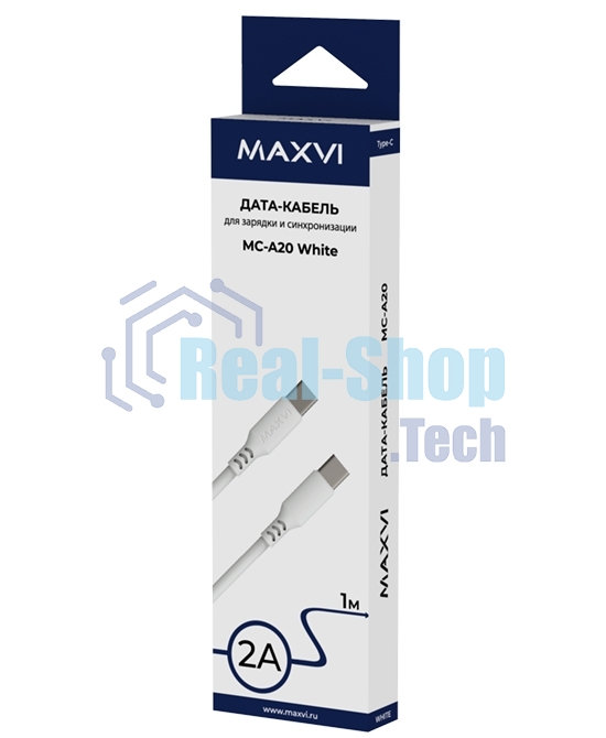 Кабель Maxvi MC-A20 white Type-C - Type-C, 2A ток макс. нагрузки 2А, макс. напряжение 5V, длина кабеля 1м, материал PVC, белый
