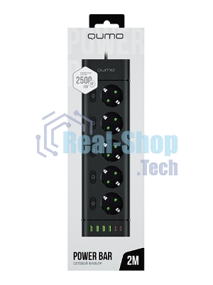 Сетевой фильтр QUMO Power Bar Light SPFSU2 (P-0009), 5 розеток, 2500 Вт, 10A, каб.3м 3*1 мм медь, 4U+2C (2,4A),Bl