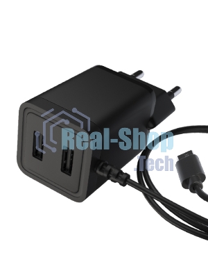 Сетевое зарядное устройство Maxvi A302M 2хUSB 3А 15W + литой кабель MicroUSB 1.2м, черный