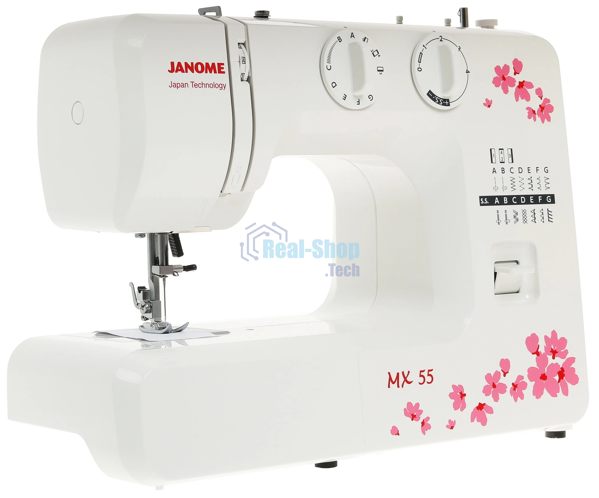 Швейная машина Janome MX 55 белый/розовый, электромеханическая, вертикальный качающийся, 15 операций, петля полуавтомат