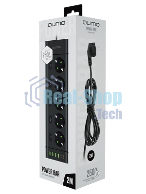 Сетевой фильтр QUMO Power Bar Light SPFSU2 (P-0009), 5 розеток, 2500 Вт, 10A, каб.3м 3*1 мм медь, 4U+2C (2,4A),Bl