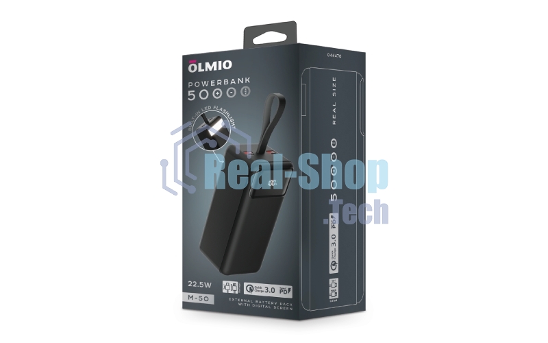 Портативный аккумулятор OLMIO M-50, 50000mAh, 22.5W, QuickCharge3.0/PowerDelivery, LCD, фонарик, черный