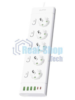 Сетевой фильтр QUMO Power Bar Light SPFSU2 (P-0009), 5 розеток, 2500 Вт, 10A, каб.2 м 3x1 мм медь, 4U+2C (2,4A),Wt