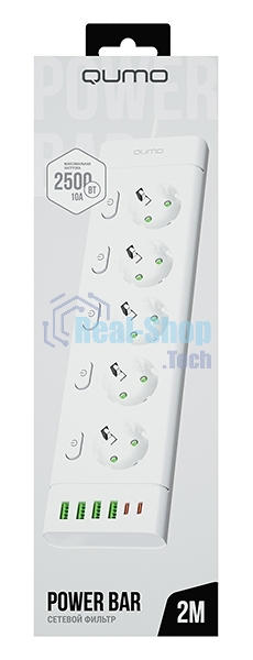 Сетевой фильтр QUMO Power Bar Light SPFSU2 (P-0009), 5 розеток, 2500 Вт, 10A, каб.2 м 3x1 мм медь, 4U+2C (2,4A),Wt