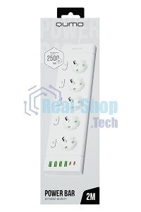Сетевой фильтр QUMO Power Bar Light SPFSU2 (P-0009), 5 розеток, 2500 Вт, 10A, каб.2 м 3x1 мм медь, 4U+2C (2,4A),Wt