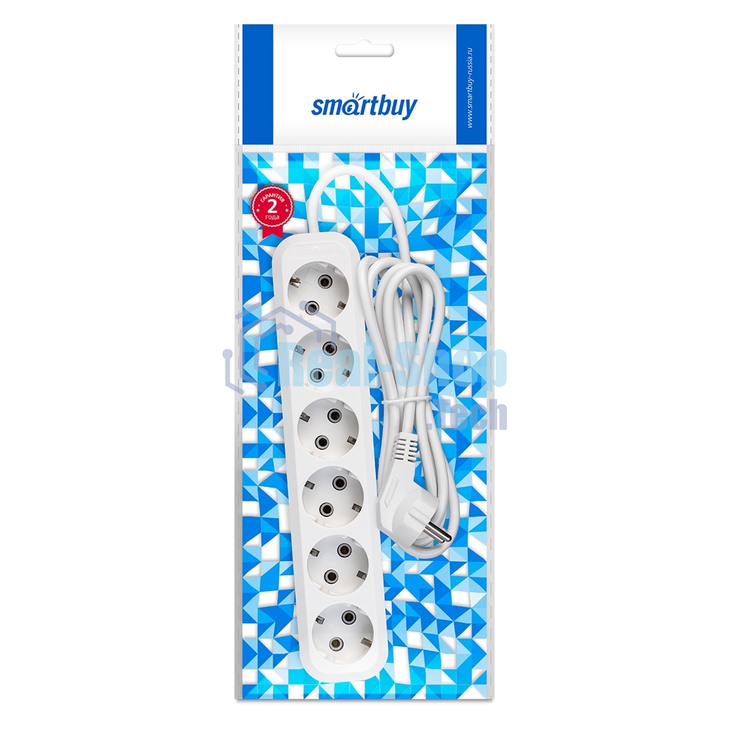 Удлинитель Smartbuy, 6 гнезд 2 метра 16А/3,5 кВт с заземлением ПВС 3х1,0 (SBE-16-6-02-Z)