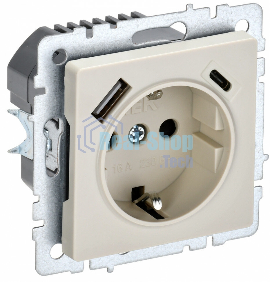 Розетка 1-местная IEK BRITE РЮш11-1-БрКр (BR-R14-16-U22-018-K10) с заземлением, с защитными шторками, 16А, с USB A+C 18 Вт, бежевый