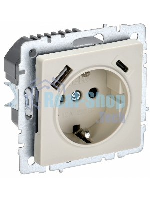 Розетка 1-местная IEK BRITE РЮш11-1-БрКр (BR-R14-16-U22-018-K10) с заземлением, с защитными шторками, 16А, с USB A+C 18 Вт, бежевый