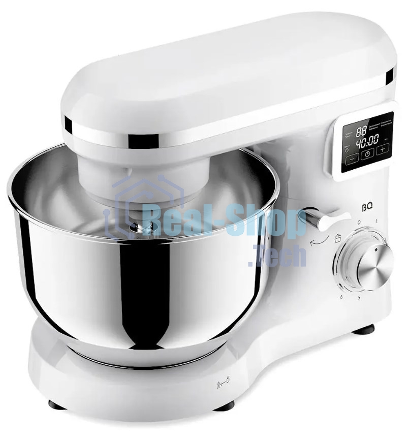 Планетарный миксер BQ MX640 White. Максимальная мощность 1600 Вт / Чаша из нержавеющей стали 6 л / Функция ферментации/ Подогрев чаши до 40'C / Электронное управление / Металлические насадки в комплекте / Металлические шестерни / Двойная защита: от перегр