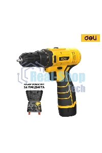 Дрель-шуруповерт аккумуляторная Deli DL-DZ12-6A2, 12В, 1 АКБ, Кейс, Набор оснастки 24 предмета