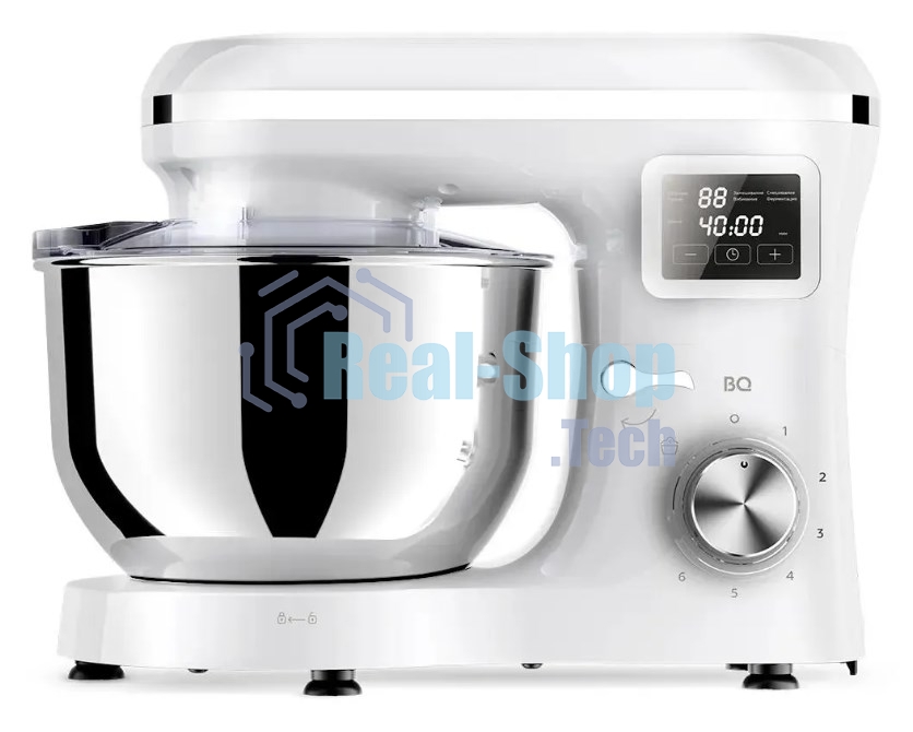 Планетарный миксер BQ MX640 White. Максимальная мощность 1600 Вт / Чаша из нержавеющей стали 6 л / Функция ферментации/ Подогрев чаши до 40'C / Электронное управление / Металлические насадки в комплекте / Металлические шестерни / Двойная защита: от перегр