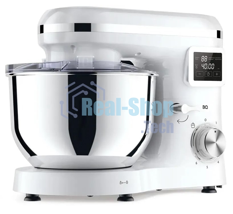Планетарный миксер BQ MX640 White. Максимальная мощность 1600 Вт / Чаша из нержавеющей стали 6 л / Функция ферментации/ Подогрев чаши до 40'C / Электронное управление / Металлические насадки в комплекте / Металлические шестерни / Двойная защита: от перегр