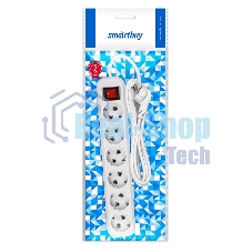 Удлинитель Smartbuy, 6 гнезд 3 м, 16А/3,5 кВт с выкл. и заземлением ПВС 3х1,0 (SBE-16-6-03-ZS)