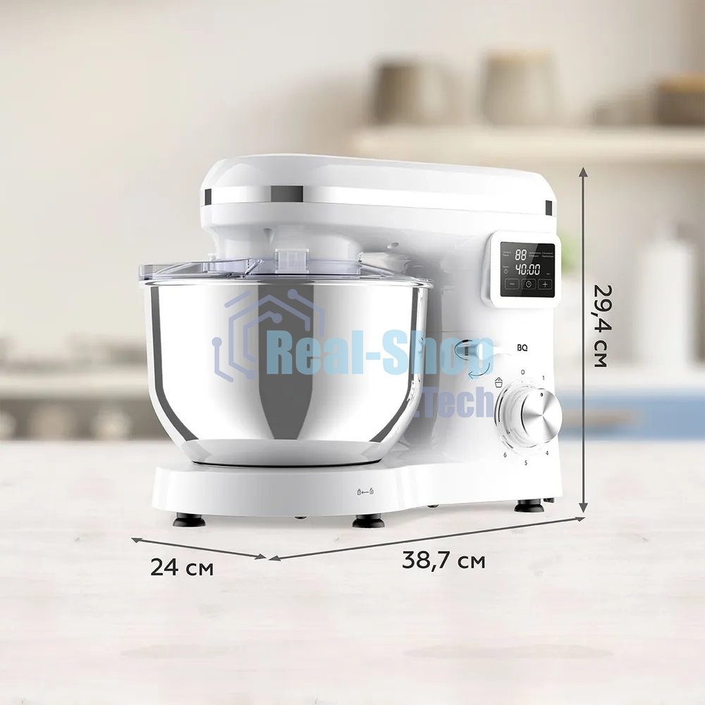 Планетарный миксер BQ MX640 White. Максимальная мощность 1600 Вт / Чаша из нержавеющей стали 6 л / Функция ферментации/ Подогрев чаши до 40'C / Электронное управление / Металлические насадки в комплекте / Металлические шестерни / Двойная защита: от перегр