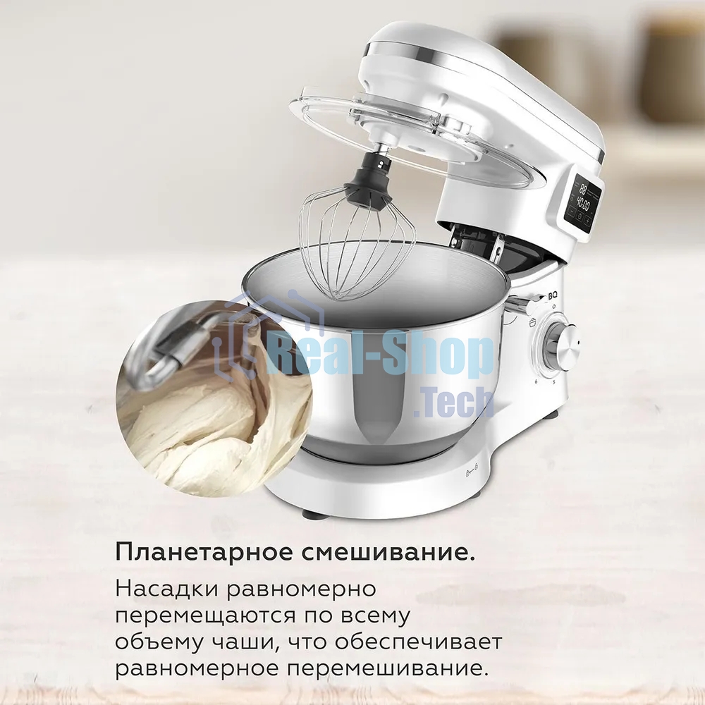 Планетарный миксер BQ MX640 White. Максимальная мощность 1600 Вт / Чаша из нержавеющей стали 6 л / Функция ферментации/ Подогрев чаши до 40'C / Электронное управление / Металлические насадки в комплекте / Металлические шестерни / Двойная защита: от перегр