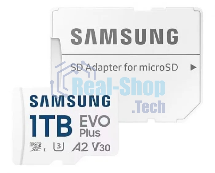 Флеш карта Samsung EVO Plus, microSDXC 1Tb, Class 10, A2, V30, UHS-I (U3), W 90 МБ/с, R 160 МБ/с, адаптер на SD