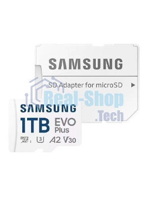 Флеш карта Samsung EVO Plus, microSDXC 1Tb, Class 10, A2, V30, UHS-I (U3), W 90 МБ/с, R 160 МБ/с, адаптер на SD