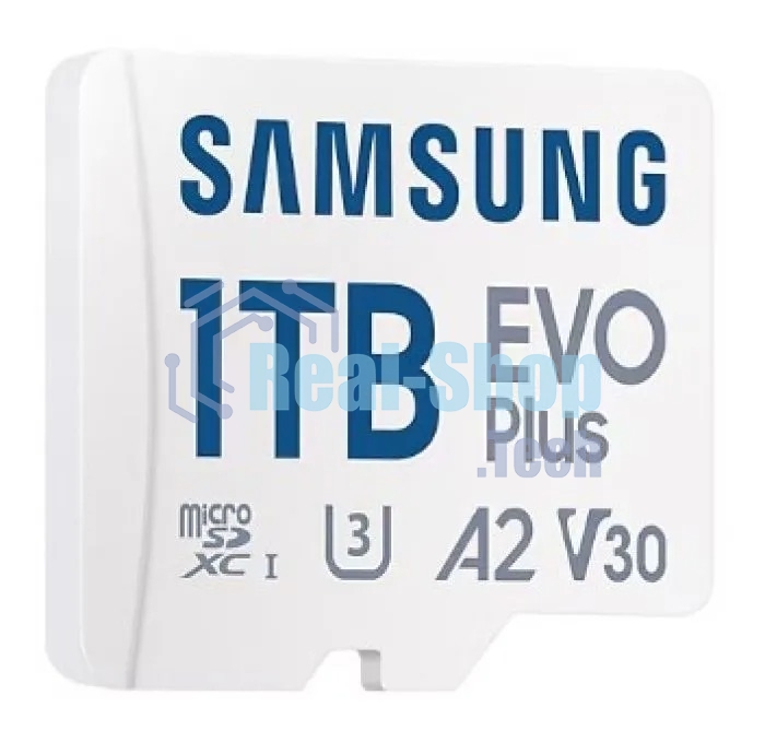 Флеш карта Samsung EVO Plus, microSDXC 1Tb, Class 10, A2, V30, UHS-I (U3), W 90 МБ/с, R 160 МБ/с, адаптер на SD