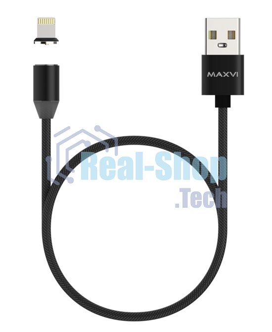 Кабель Maxvi MCm-01L black, USB-A - Lightning, 2A, магнитный разъем, LED ток макс. нагрузки 2А, макс. напряжение 5V; стандарт USB 2.0; длина 1м, нейлоновая оплетка, съемный магнитный коннектор, LED подсветка, черный с серыми вставками