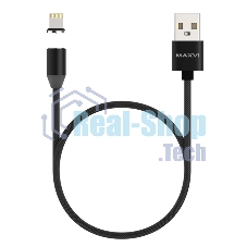 Кабель Maxvi MCm-01L black, USB-A - Lightning, 2A, магнитный разъем, LED ток макс. нагрузки 2А, макс. напряжение 5V; стандарт USB 2.0; длина 1м, нейлоновая оплетка, съемный магнитный коннектор, LED подсветка, черный с серыми вставками