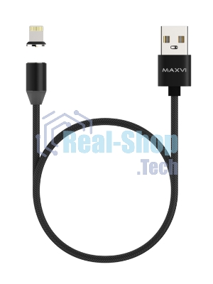 Кабель Maxvi MCm-01L black, USB-A - Lightning, 2A, магнитный разъем, LED ток макс. нагрузки 2А, макс. напряжение 5V; стандарт USB 2.0; длина 1м, нейлоновая оплетка, съемный магнитный коннектор, LED подсветка, черный с серыми вставками