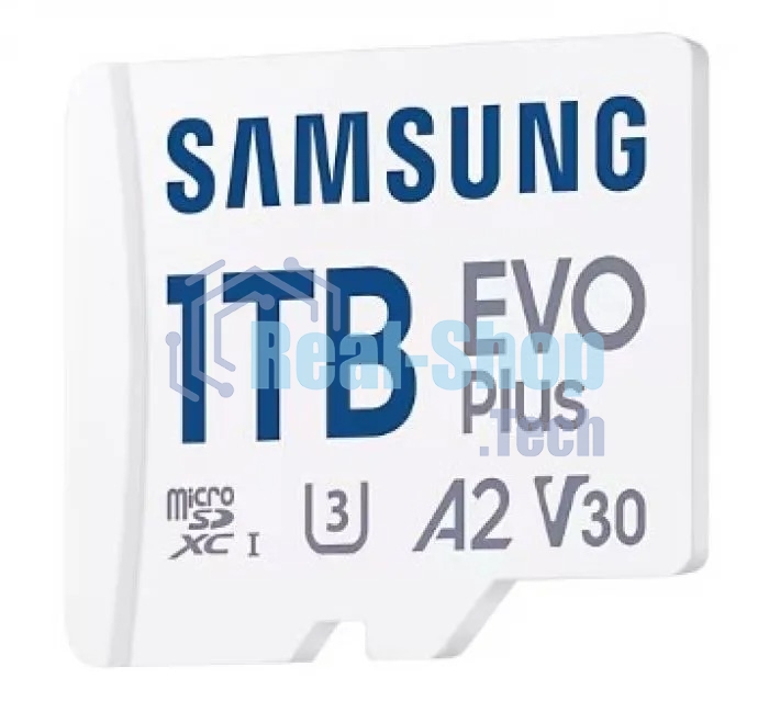 Флеш карта Samsung EVO Plus, microSDXC 1Tb, Class 10, A2, V30, UHS-I (U3), W 90 МБ/с, R 160 МБ/с, адаптер на SD