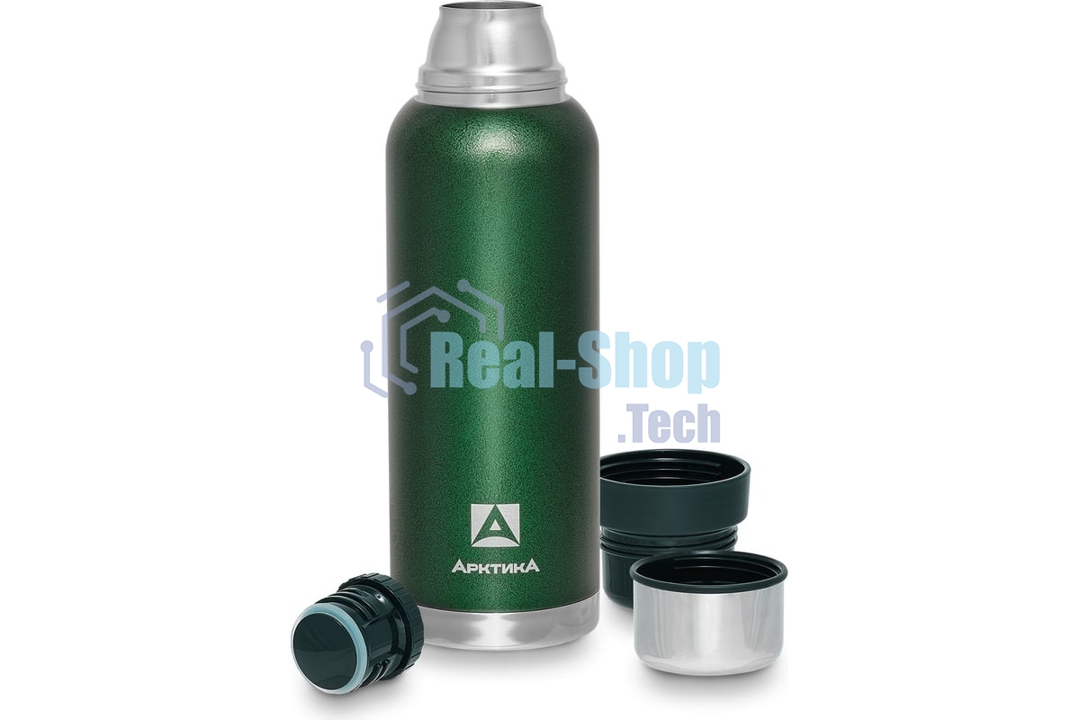 Термос Арктика 106-1200 зеленый, узкое горло 1,2 л, американский дизайн, антивандальное покрытие, две чашки, холод/тепло 32 ч