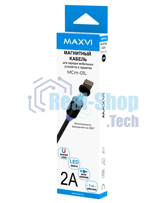 Кабель Maxvi MCm-01L black, USB-A - Lightning, 2A, магнитный разъем, LED ток макс. нагрузки 2А, макс. напряжение 5V; стандарт USB 2.0; длина 1м, нейлоновая оплетка, съемный магнитный коннектор, LED подсветка, черный с серыми вставками