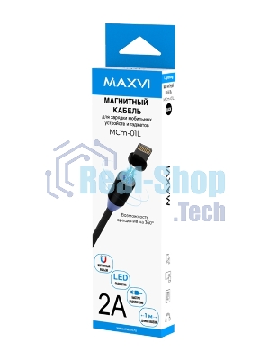 Кабель Maxvi MCm-01L black, USB-A - Lightning, 2A, магнитный разъем, LED ток макс. нагрузки 2А, макс. напряжение 5V; стандарт USB 2.0; длина 1м, нейлоновая оплетка, съемный магнитный коннектор, LED подсветка, черный с серыми вставками