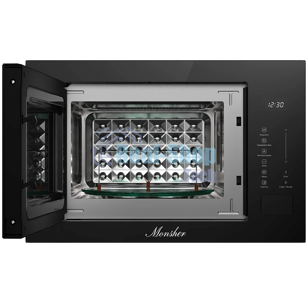 Встраиваемая микроволновая печь MONSHER, ВхШхГ 385х595х367, объем 25 л, мощность 850 Вт, 5 уровней мощности, гриль, 8 автоматических программ, размораживание, сенсорное управление, цвет черный