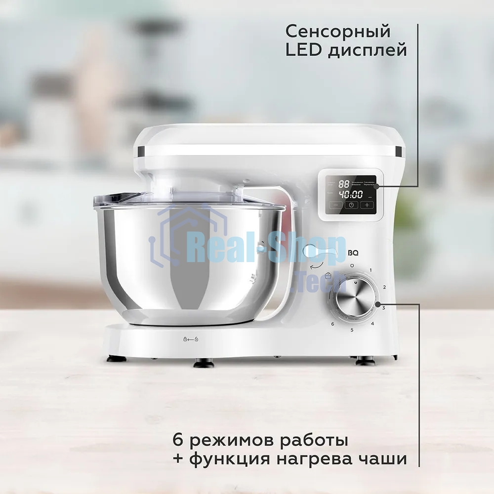 Планетарный миксер BQ MX640 White. Максимальная мощность 1600 Вт / Чаша из нержавеющей стали 6 л / Функция ферментации/ Подогрев чаши до 40'C / Электронное управление / Металлические насадки в комплекте / Металлические шестерни / Двойная защита: от перегр
