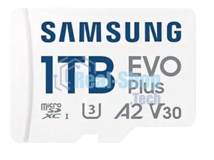 Флеш карта Samsung EVO Plus, microSDXC 1Tb, Class 10, A2, V30, UHS-I (U3), W 90 МБ/с, R 160 МБ/с, адаптер на SD