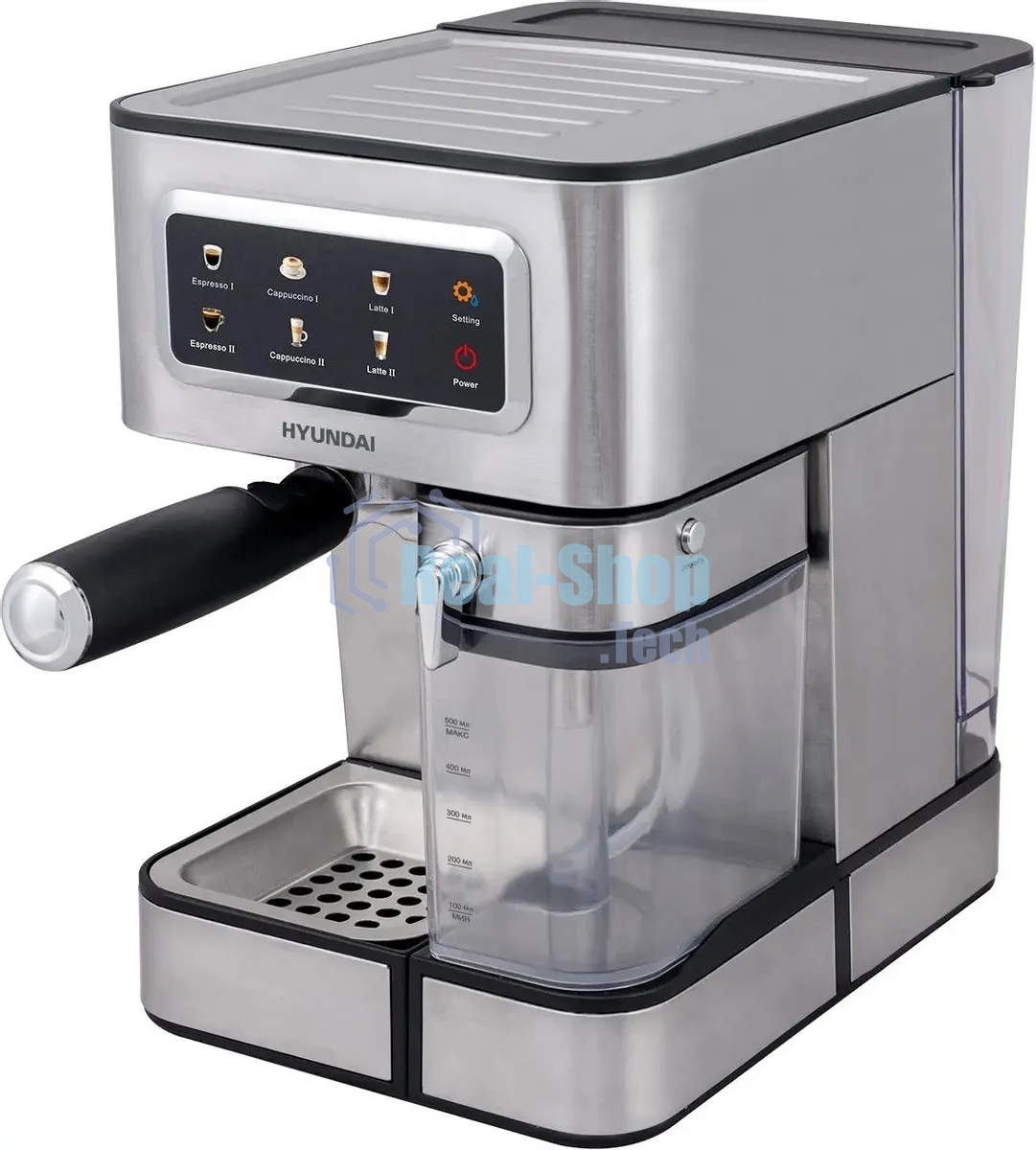 Кофеварка рожковая Hyundai HEM-5306 серебристый/черный, исп. кофе - молотый/капсулы, 1.8 л, 1350 Вт, 20 бар