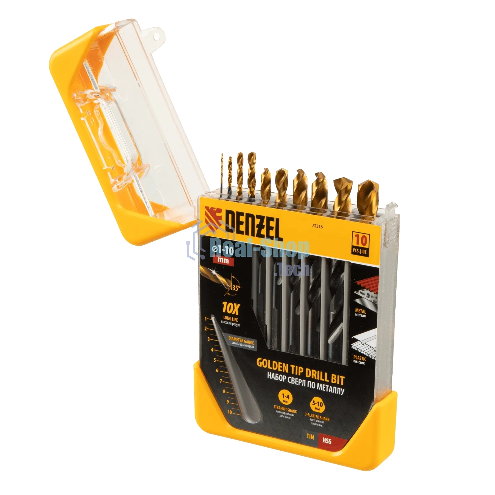 Набор сверл по металлу Denzel 1-10 мм, HSS-Tin, Golden Tip, 10 шт