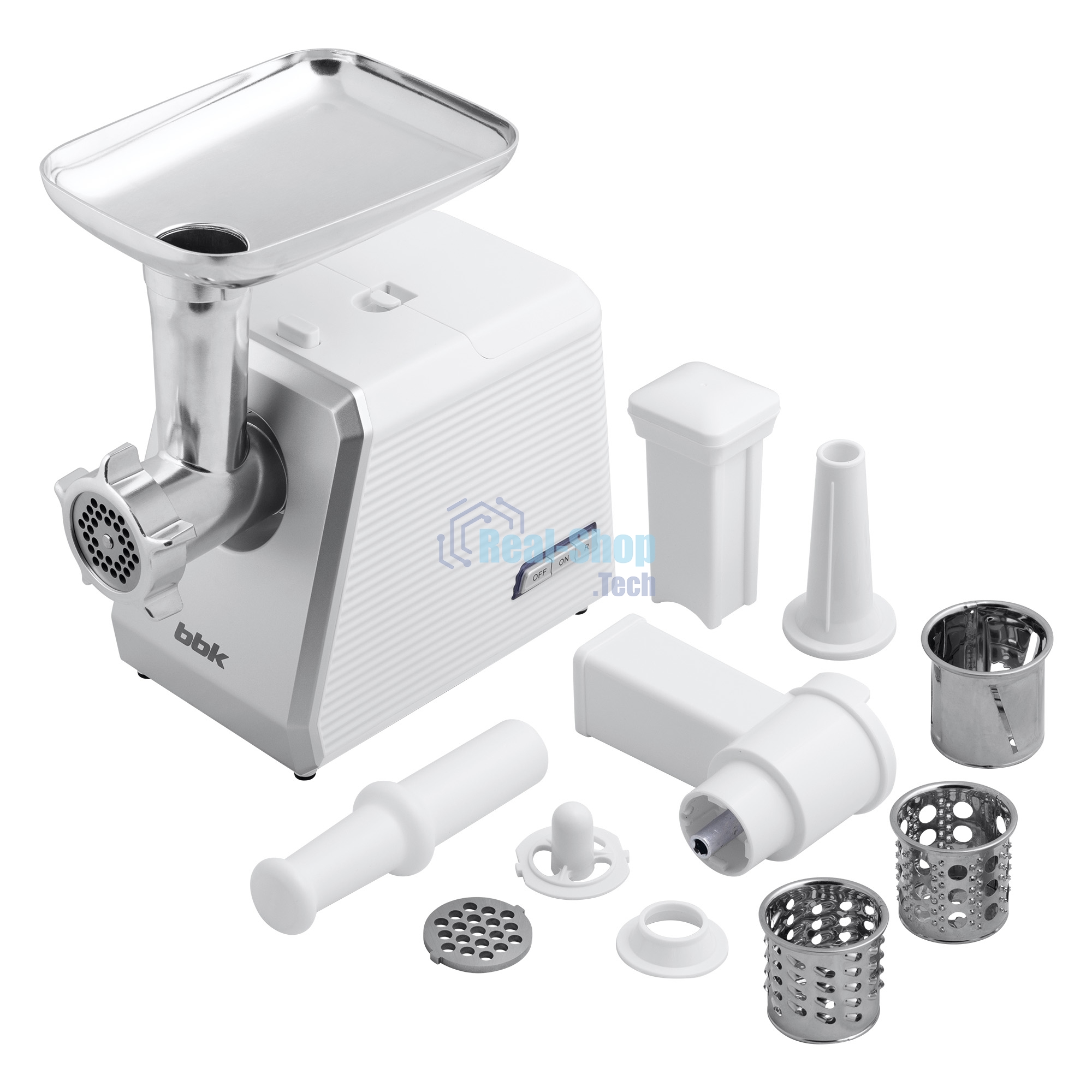 Мясорубка электрическая BBK MG2005 2000 Вт, белый/серый, 2000 Вт, 2.0 кг/мин, реверс, защита от перегрузки, металлический лоток, насадки - 7