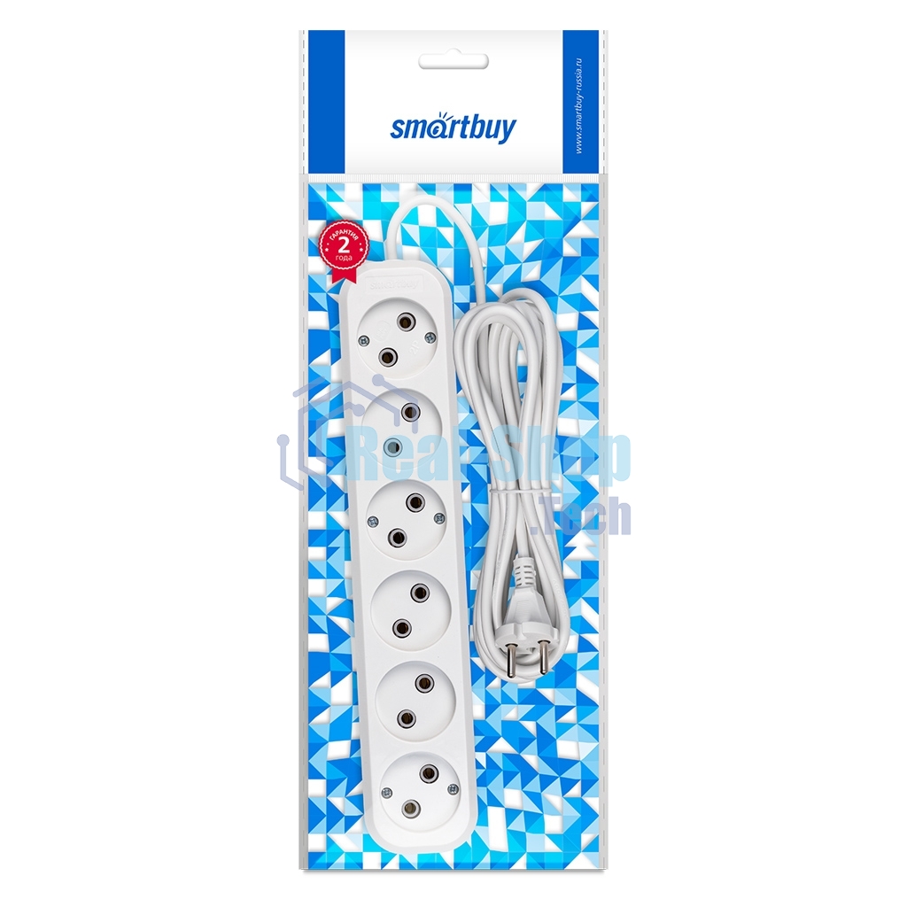 Удлинитель Smartbuy, 6 гнезд 5 метров 10А/2,2 кВт без заземления ПВС 2х1,0 (SBE-10-6-05-N)