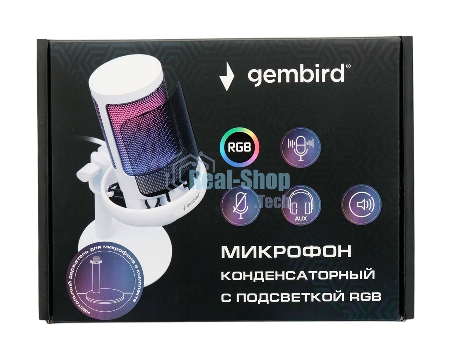 Микрофон конденсаторный Gembird M-01NW, подсветка RGB, шумоподавление, настольный держатель, белый