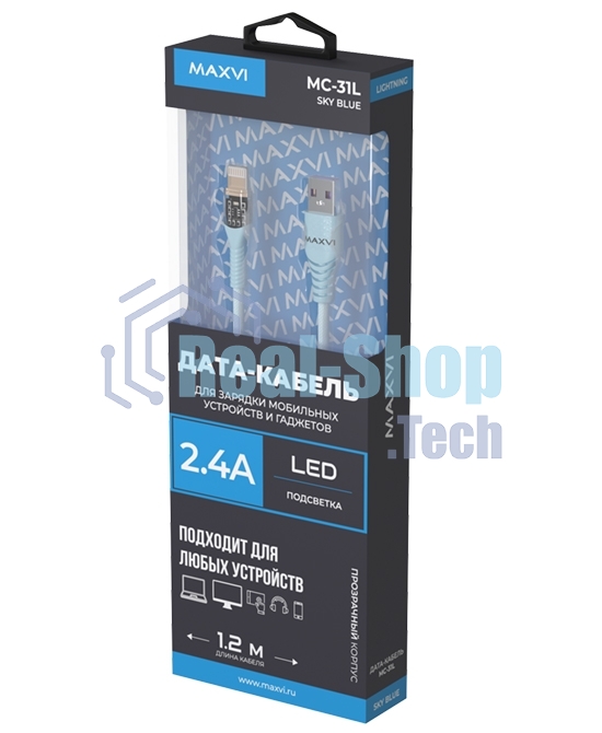 Дата-кабель Maxvi MC-31L USB-Lightning 2.4А, прозрачный корпус, LED подсветка, 1.2м, sky blue
