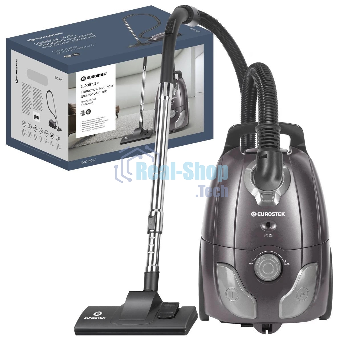 Пылесос Eurostek EVC-3017 фиолетовый, Потребляемая мощность – 2600 Вт, Мощность всасывания – 420 Вт